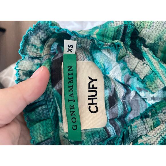 CHUFY Gone Jammin Blouse Green Ruffle Tie Neck Cap Sleeve Cotton/Silk size XS - Picture 4 of 5